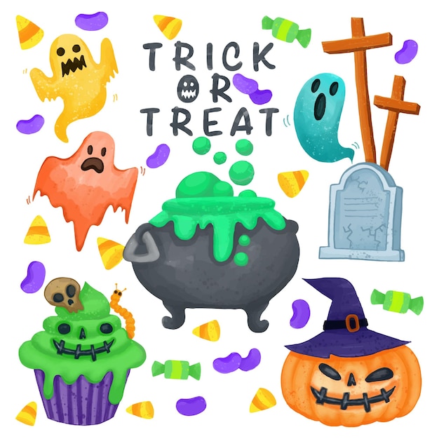 Set of watercolor painted halloween day, trick or treat clipart. hand drawn isolated on white background.