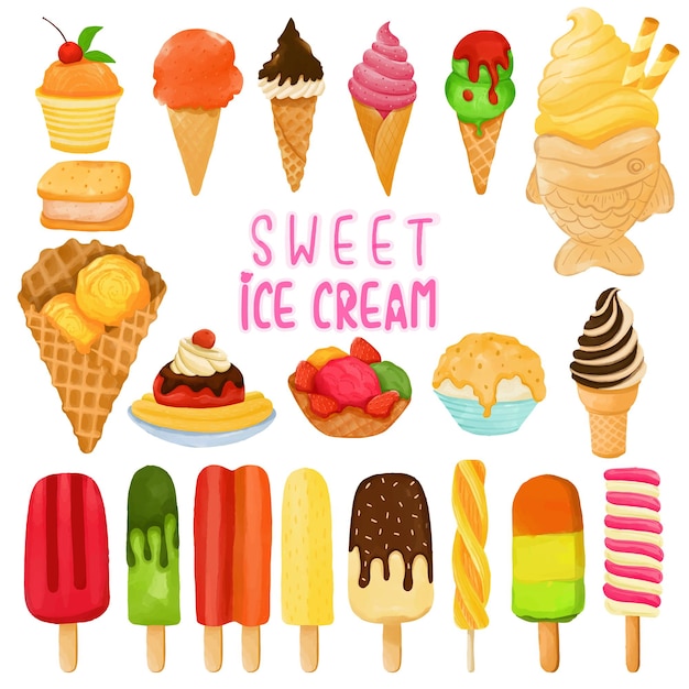 Set of watercolor painted Ice cream Dessert clipart Hand drawn