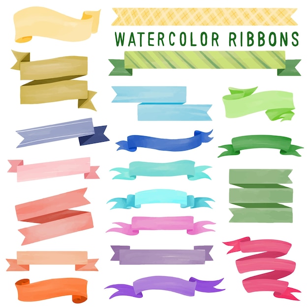 Set of watercolor painted Ribbon Ribbon banner Tag clipart Hand drawn