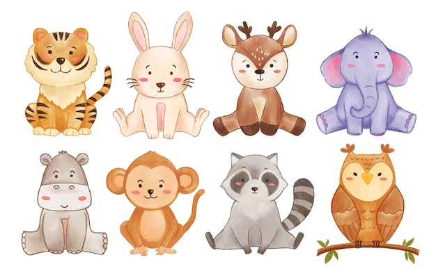 Set of watercolor painting cartoon character wildlife animals Sitting posture Vector