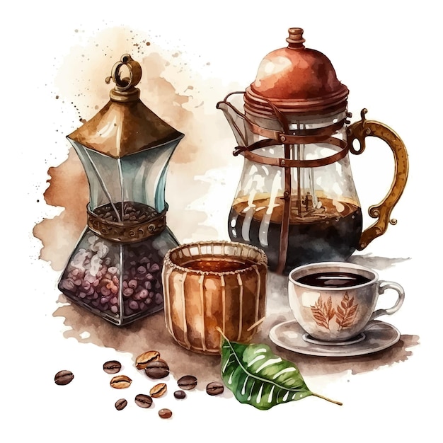 Set of watercolor painting craft package with coffee beans coffee grinder coffee maker and spices cinnamon cloves black coffee or cappuccino hot drink for breakfast refreshing drink isolated