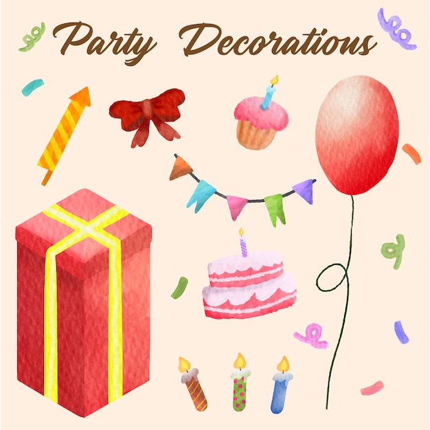 Set of watercolor party decorations clipart