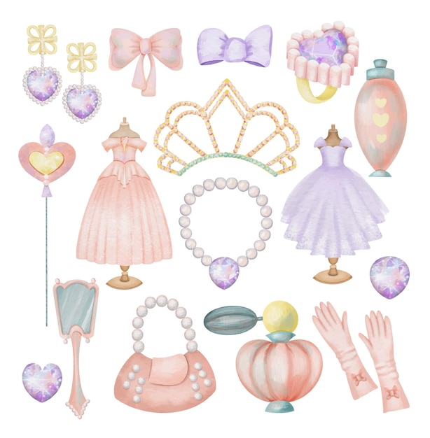 Set of watercolor princess elements, princess dress and accessories