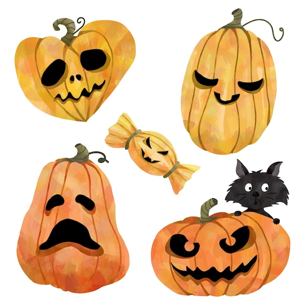 Vector set of watercolor pumpkins jack o'lantern watercolor halloween pumpkin painting style vector