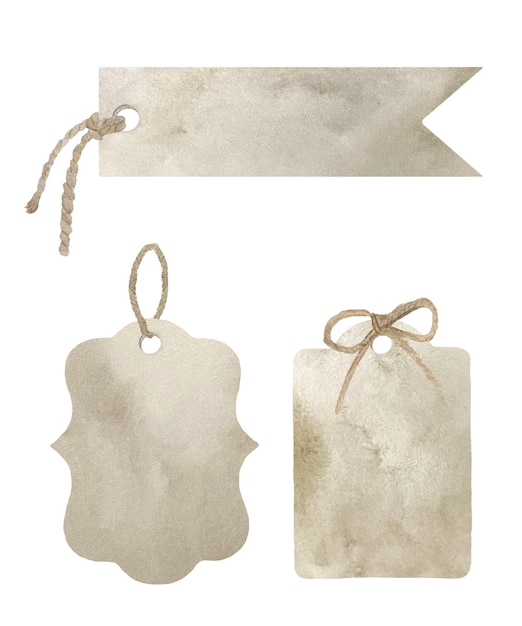 Set of watercolor rectangular kraft paper tags of different shapes isolated on white background.