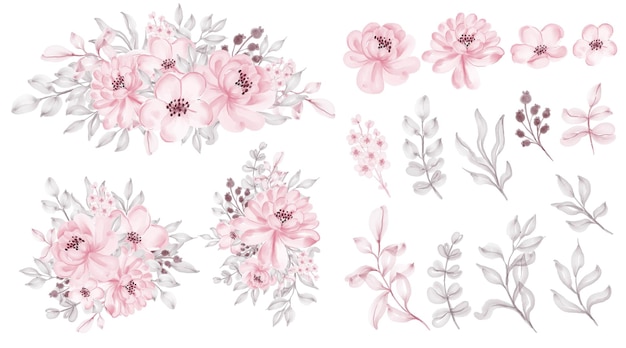 Vector set of watercolor roses pink petal green leaf and wild flower valentine decorative