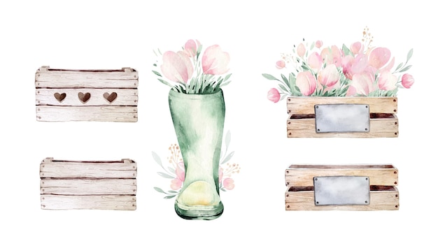 Set of watercolor rubber boots with spring flower bouquets and wood box