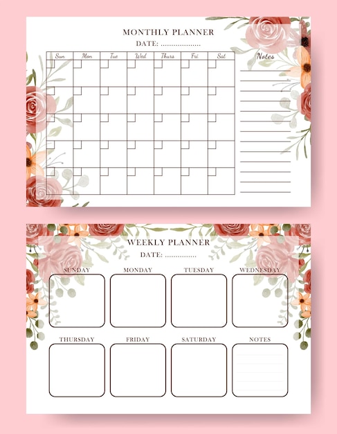 Vector set of watercolor rustic florals ornament monthly weekly planner template