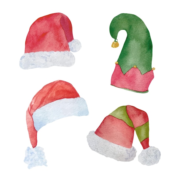 Set of watercolor santa claus red and green hats