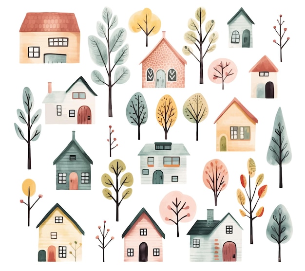 Set of watercolor scandinavian houses Cute buildings and trees isolated Trendy vector background