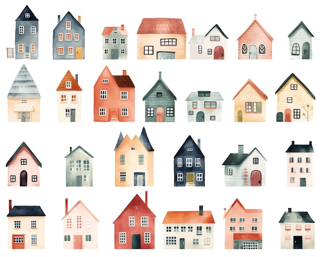 Set of watercolor scandinavian houses Cute childish european buildings Trendy scandi vector elements