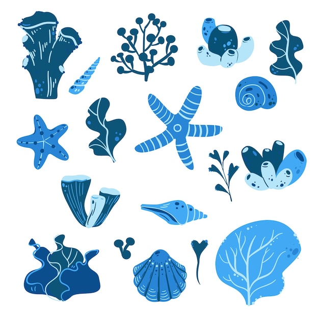 Vector set of watercolor seaweed corals and stones underwater watercolor alg