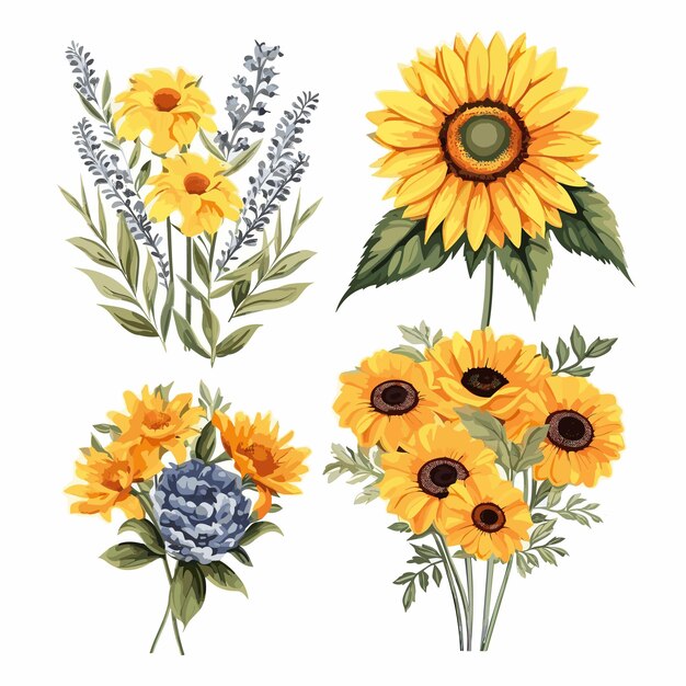 Vector set watercolor sunflowers for wedding