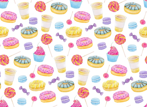 set of watercolor sweets with donuts, candy, capcake, lollipop, macaroons and coffee 