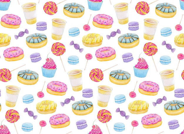 Vector set of watercolor sweets with donuts, candy, capcake, lollipop, macaroons and coffee