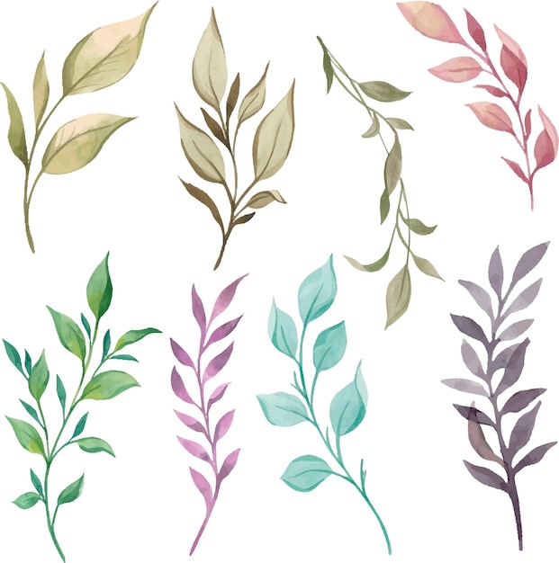 Set of watercolor twigs with leaves