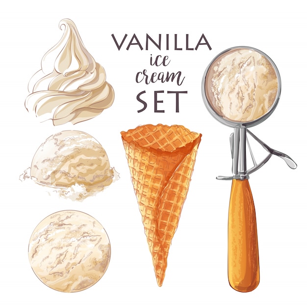 Set of watercolor various ice-cream scoops in waffle cones with assorted balls of vanilla