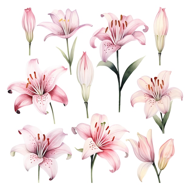 Set of watercolor vector beautiful pink lilies
