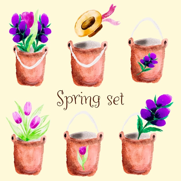 Set of watercolor vectors flowers in a buckets Great for printing web or textile design scrapbooking Provence floral bouquet perfect for wedding invitation and cards