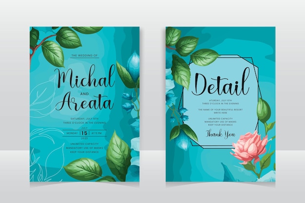 Set of watercolor wedding invitation template and burgundy floral and leaves decoration