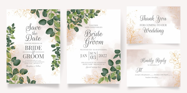 Set of watercolor wedding invitation with leaves decoration