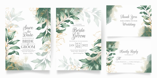 Vector set of watercolor wedding invitation with leaves decoration