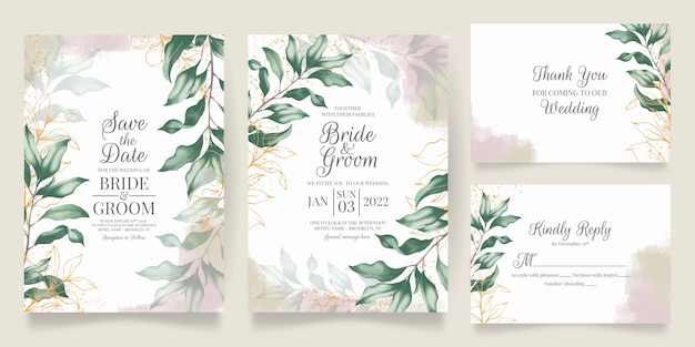 Vector set of watercolor wedding invitation with leaves decoration