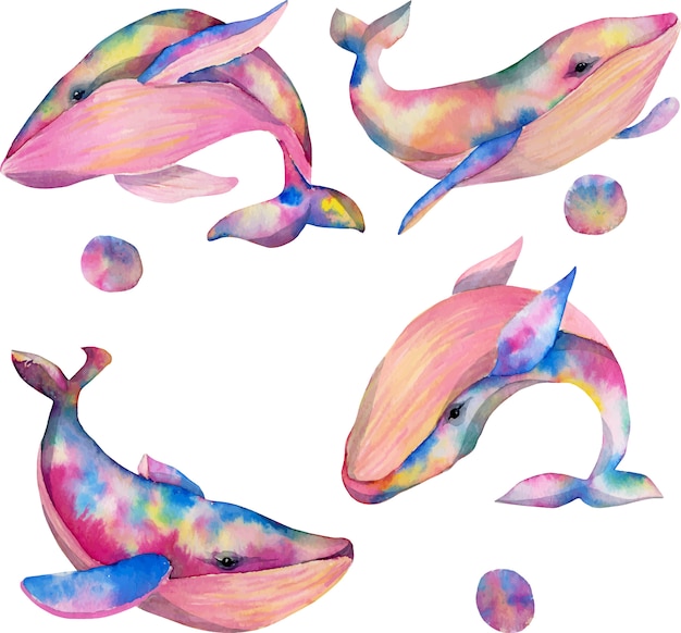 Set of watercolor whales, hand painted isolated