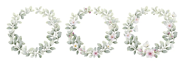 Vector set of watercolor wreaths with flowers leaves and butterflies