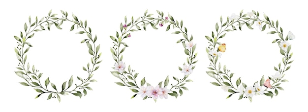 Vector set of watercolor wreaths with flowers leaves and butterflies
