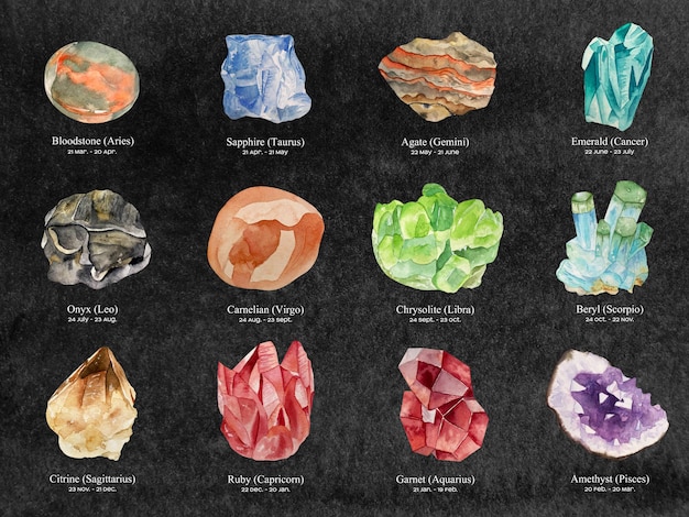 Vector set of watercolor zodiac icons and gems on black dark background zodiac stones clipart