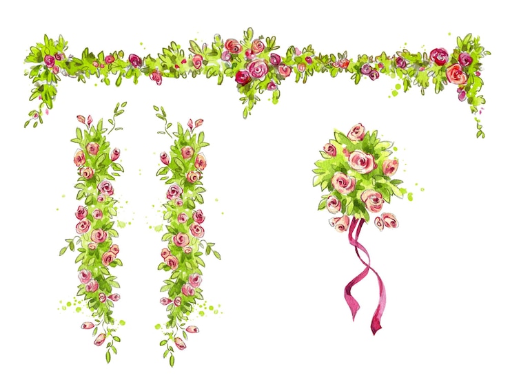 Vector set of watercolorfloral garlands, floral rose composition