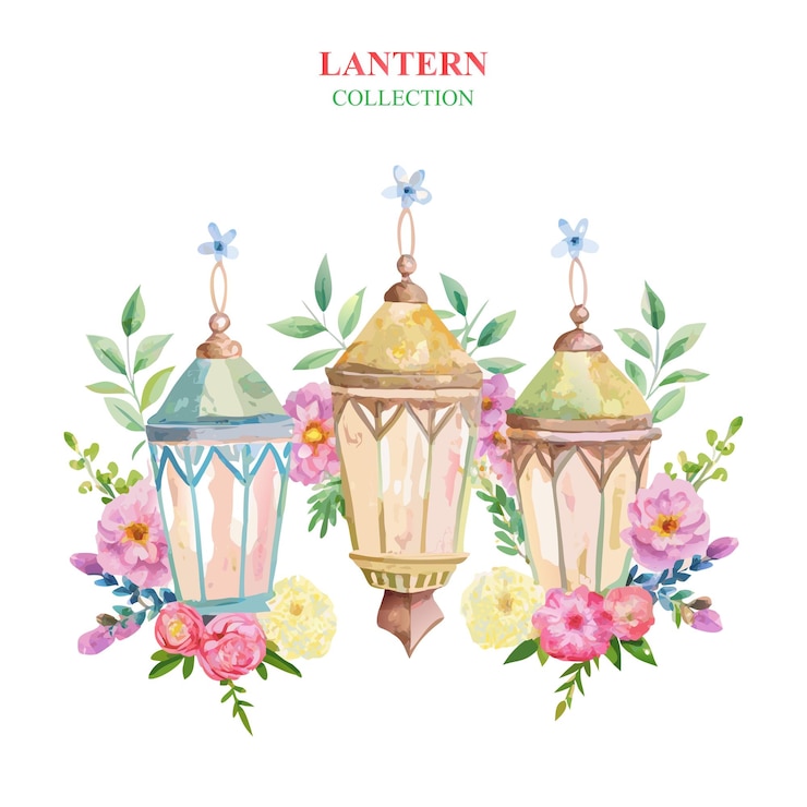 Vector set of watercolour lantern with flower vector illustration