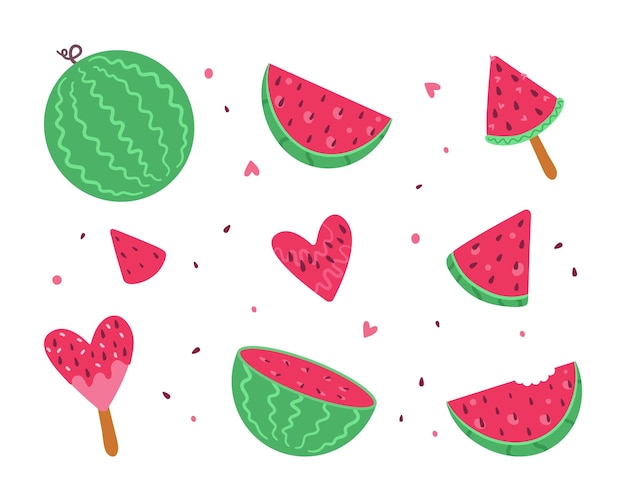 A set of watermelon vector icons Flat watermelon with a red slice ice cream heart whole