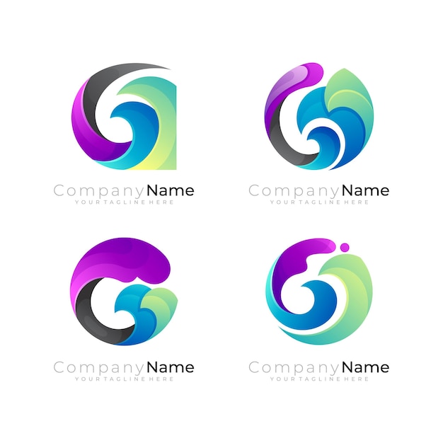 Set wave logo with circle ocean icon 3d colorful