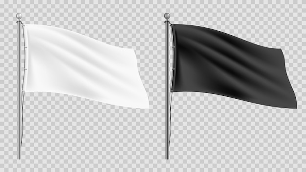 Vector set of waving blank white and black flag mockups on metal poles isolated on transparent background realistic vector illustration