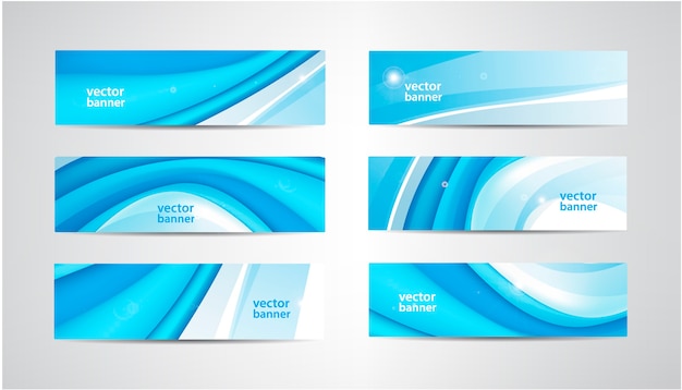 Vector set of wavy banners, blue wave web headers. water vibrant abstract background, horizontal orientation.