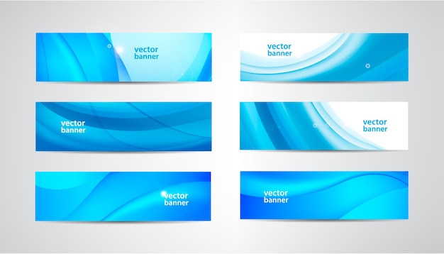  set of wavy banners, blue wave web headers. Water vibrant abstract background, horizontal orientation.