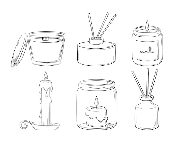 A set of wax candles in a glass holder. Sketch of candles in different formats in doodle style.