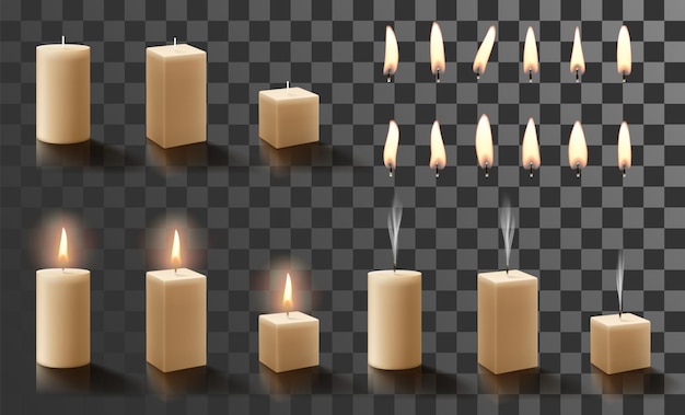 Set of wax round cylindrical and rectangular candles with candles flames different shapes