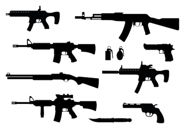 Vector set of weapon military rifle, revolver and desert eagle pistol, shotgun carbine, grenade, knife and submachine gun black simple icon illustration, isolated of white.