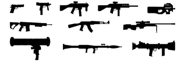 A set of weapons such as pistols rifles bazookas and sniper rifles silhouette Vector illustration