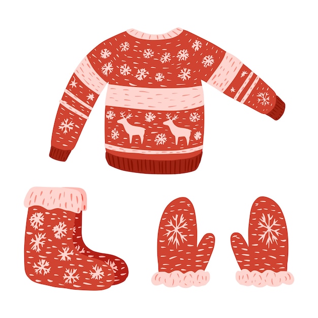 Impostare indossare retrò natale su sfondo bianco. maglione, guanto e calzino di lana schizzo disegnato a mano in stile doodle.