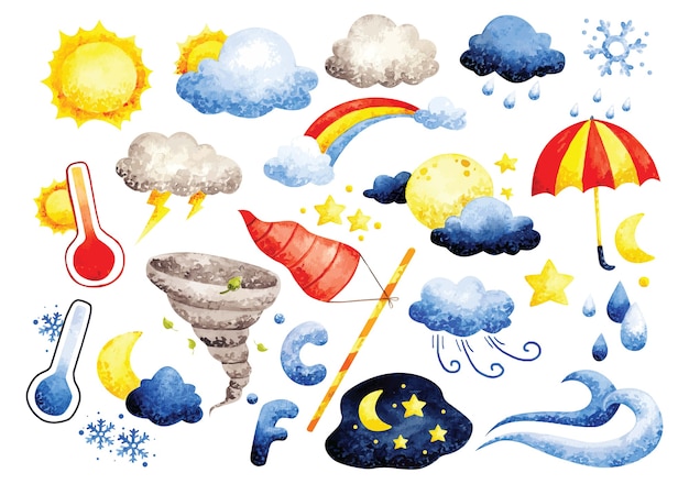 Vector set of weather doodles watercolor