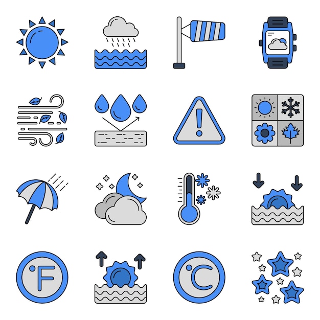 Set di icone piatte delle previsioni meteo