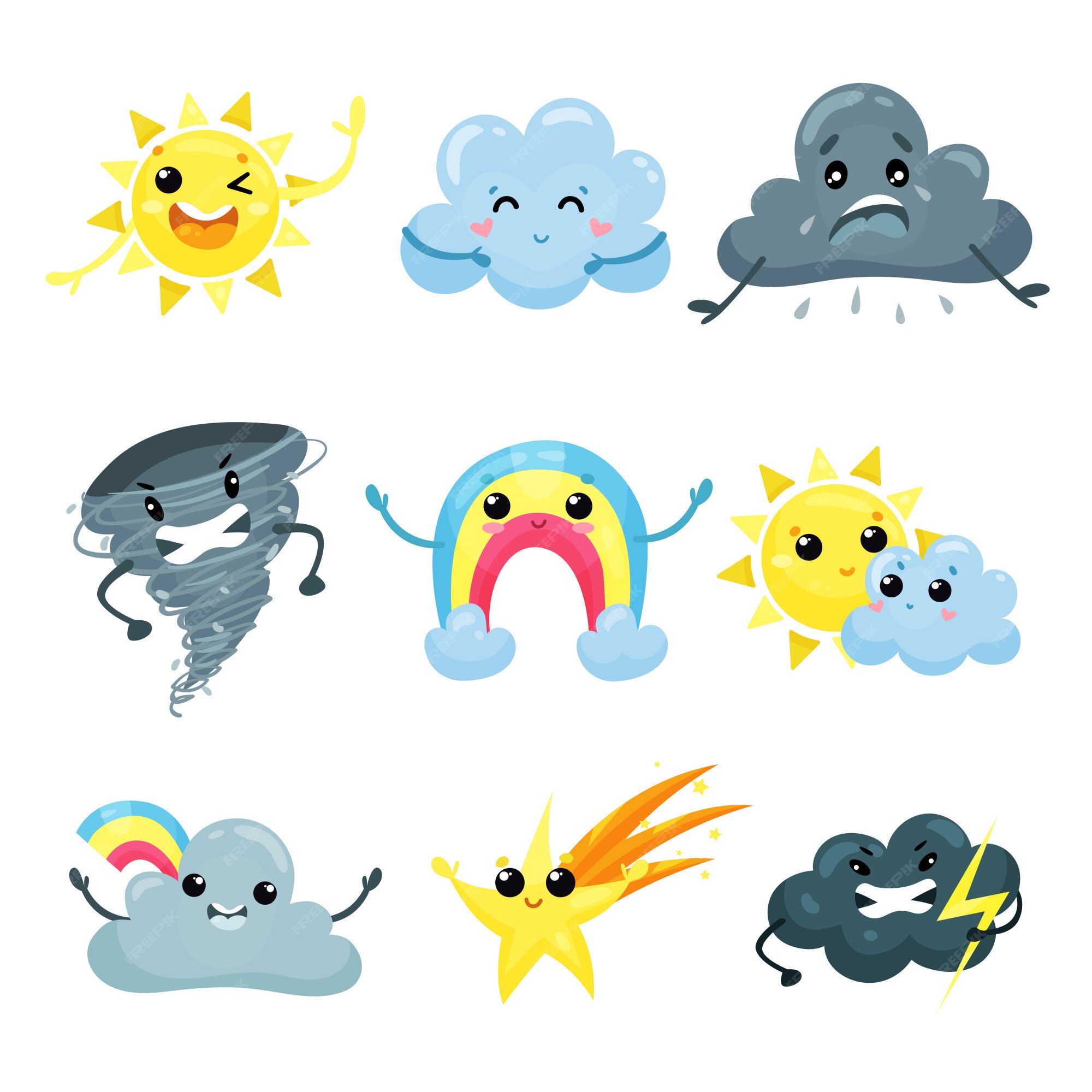 Premium Vector | Set of weather forecast icons with funny faces. cartoon  sun, cute rainbow, falling star, angry tornado, sad, happy and mad cloud.  flat for mobile app or sticker