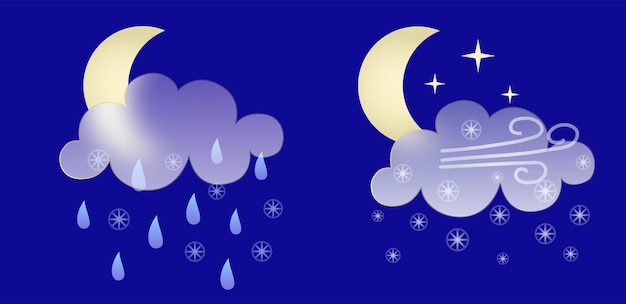 Набор иконок погоды Символы стиля Glassmorphism для приложения прогноза погоды Элементы, изолированные на синем фоне Ночной осенне-зимний сезон поет Лунный дождь, ветер и снежные облака Векторные иллюстрации