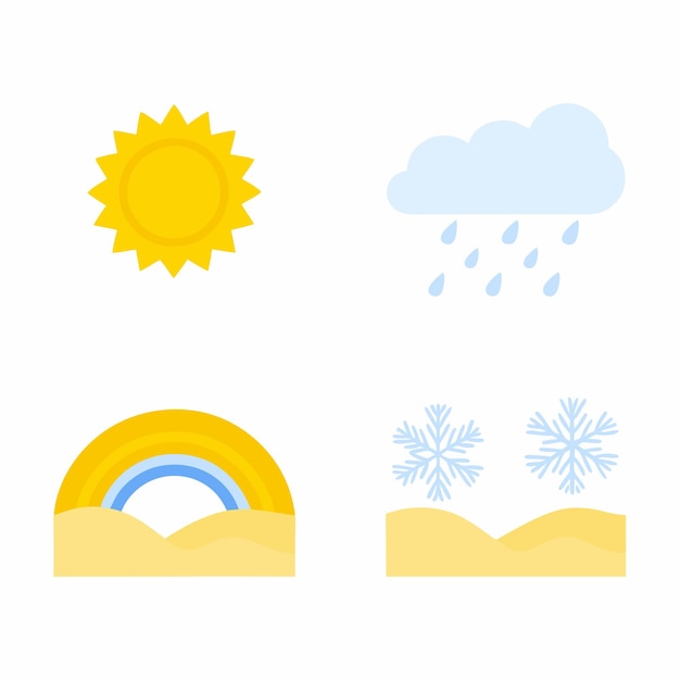 天気アイコンのセット 太陽の雲と雪花 砂漠の雪と雨の虹