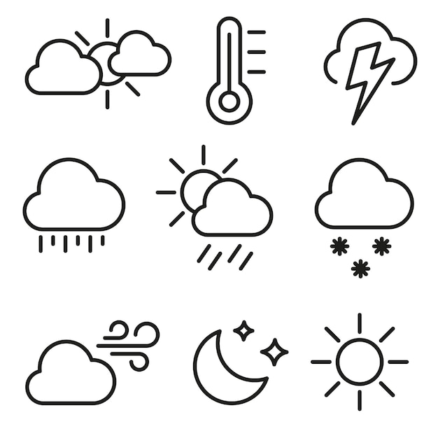 Vector set of weather icons in linear style weather forecast weather