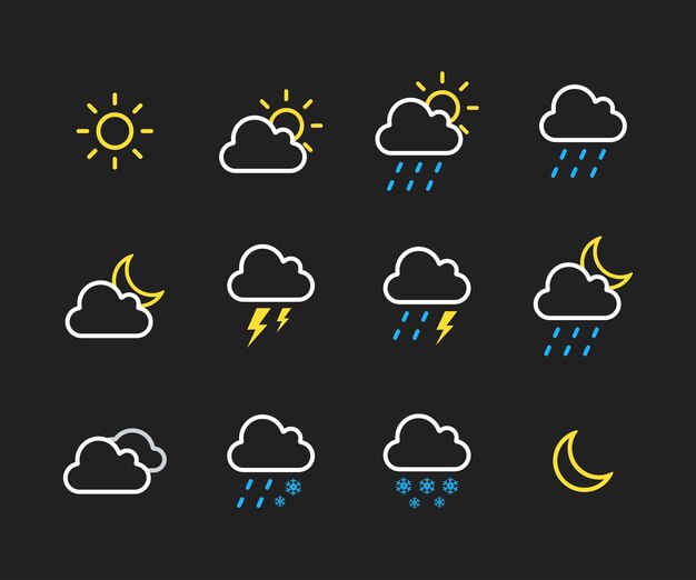 Набор линейных икон погоды плоского векторного дизайна